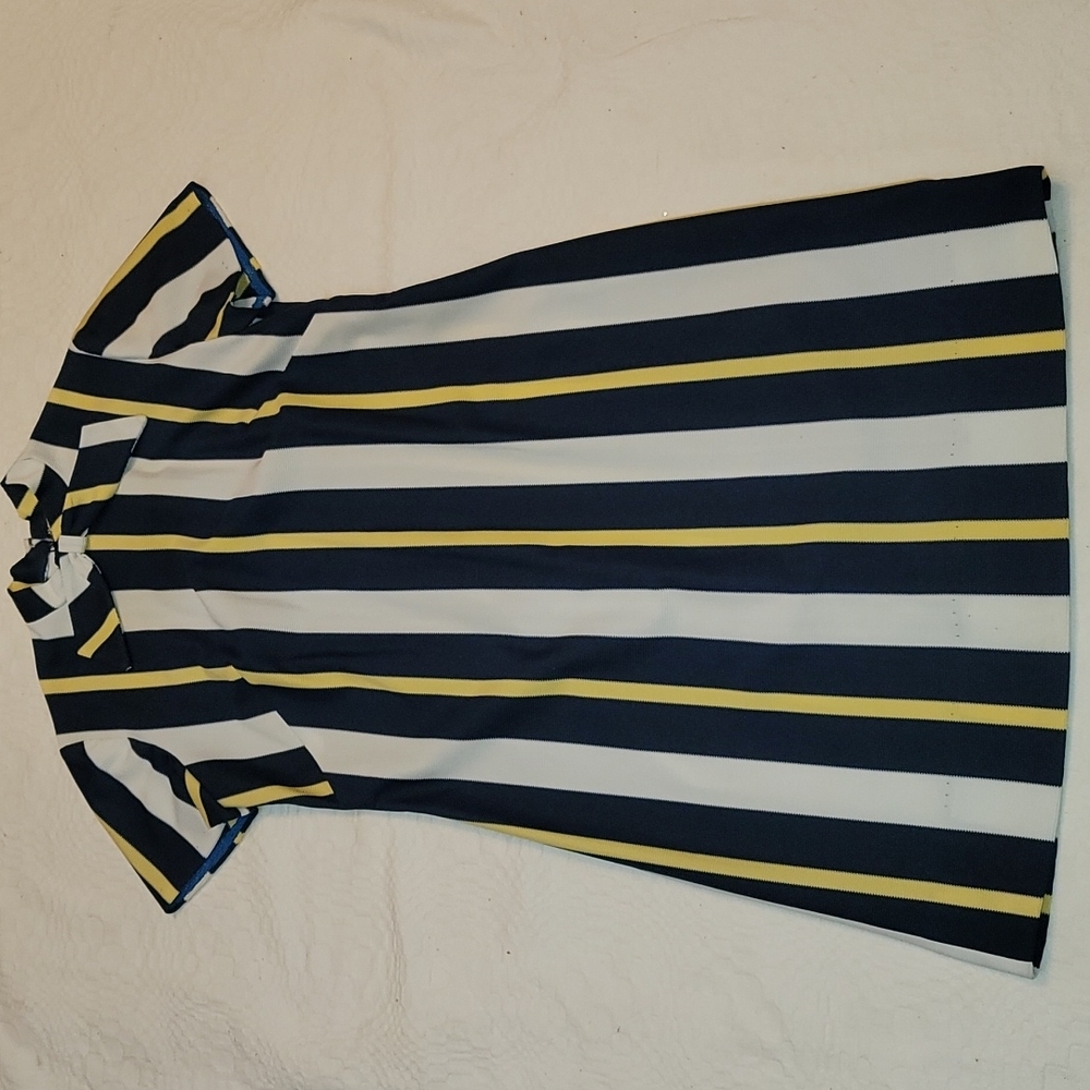 Vintage dress authentic 60's striped blue white yellow 100%  polyester sz  Large